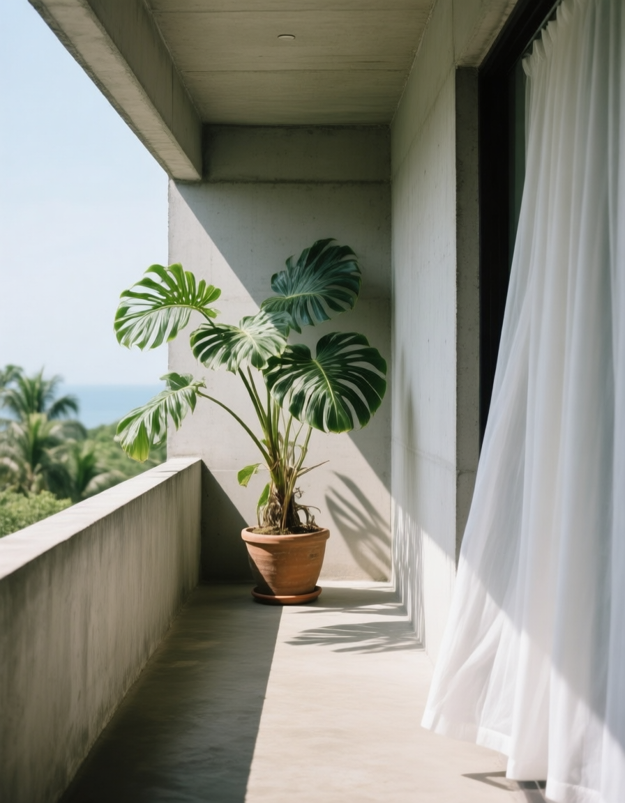 半戶外陽台與隨風飄動的紗簾